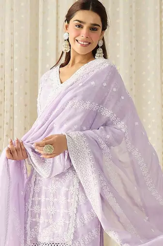 Women Ethnic Motifs Embroidered Regular Chikankari Pure Cotton Kurta with Trousers & With Dupatta