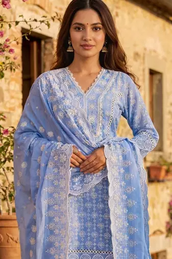 Women Ethnic Motifs Embroidered Regular Thread Work Pure Cotton Kurta with Palazzos & With Dupatta