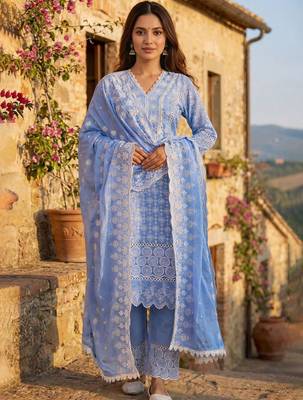 Women Ethnic Motifs Embroidered Regular Thread Work Pure Cotton Kurta with Palazzos & With Dupatta 1