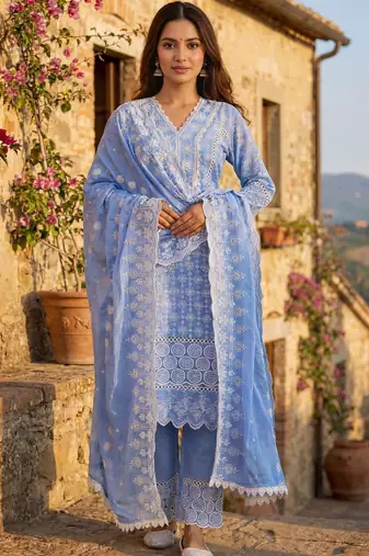 Women Ethnic Motifs Embroidered Regular Thread Work Pure Cotton Kurta with Palazzos & With Dupatta