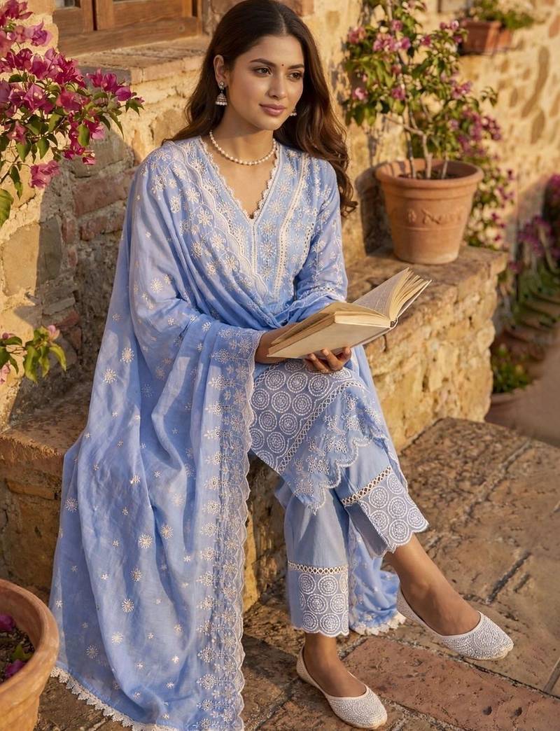 Women Ethnic Motifs Embroidered Regular Thread Work Pure Cotton Kurta with Palazzos & With Dupatta