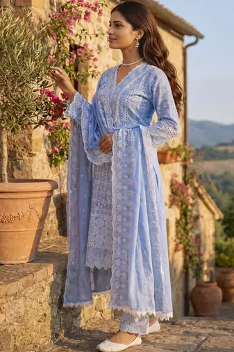 Women Ethnic Motifs Embroidered Regular Thread Work Pure Cotton Kurta with Palazzos & With Dupatta