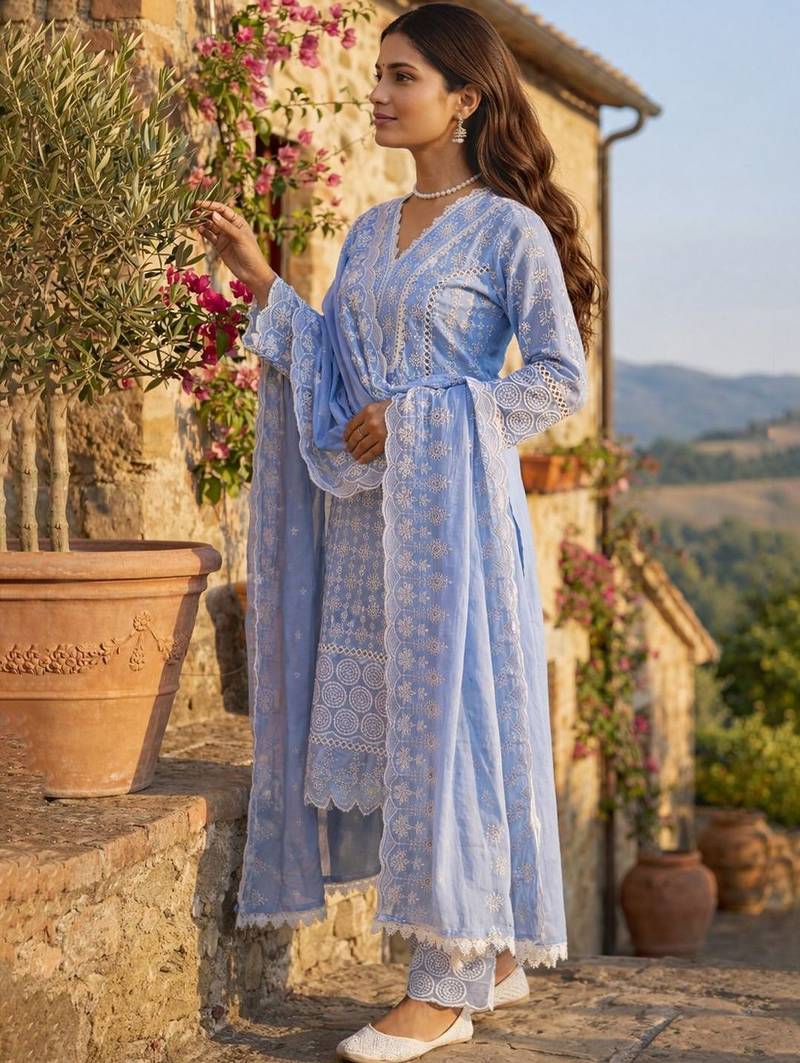 Women Ethnic Motifs Embroidered Regular Thread Work Pure Cotton Kurta with Palazzos & With Dupatta