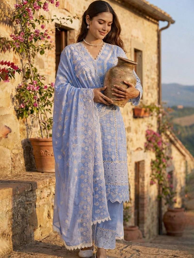 Women Ethnic Motifs Embroidered Regular Thread Work Pure Cotton Kurta with Palazzos & With Dupatta