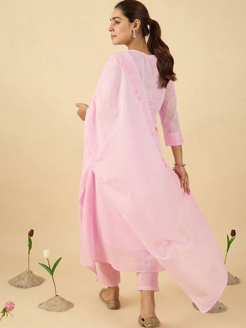 Women Floral Embroidered Pleated Thread Work Pure Cotton Kurta Set