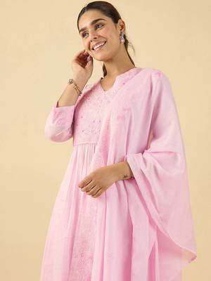 Women Floral Embroidered Pleated Thread Work Pure Cotton Kurta Set 6