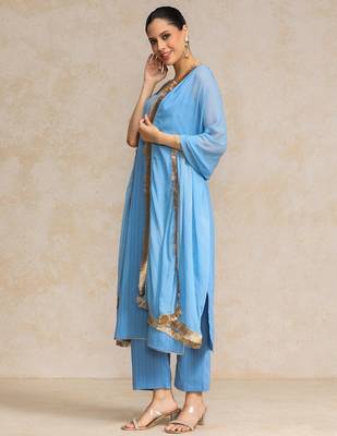 Women Yoke Design Regular Silk Crepe Kurta with Trousers & With Dupatta 1