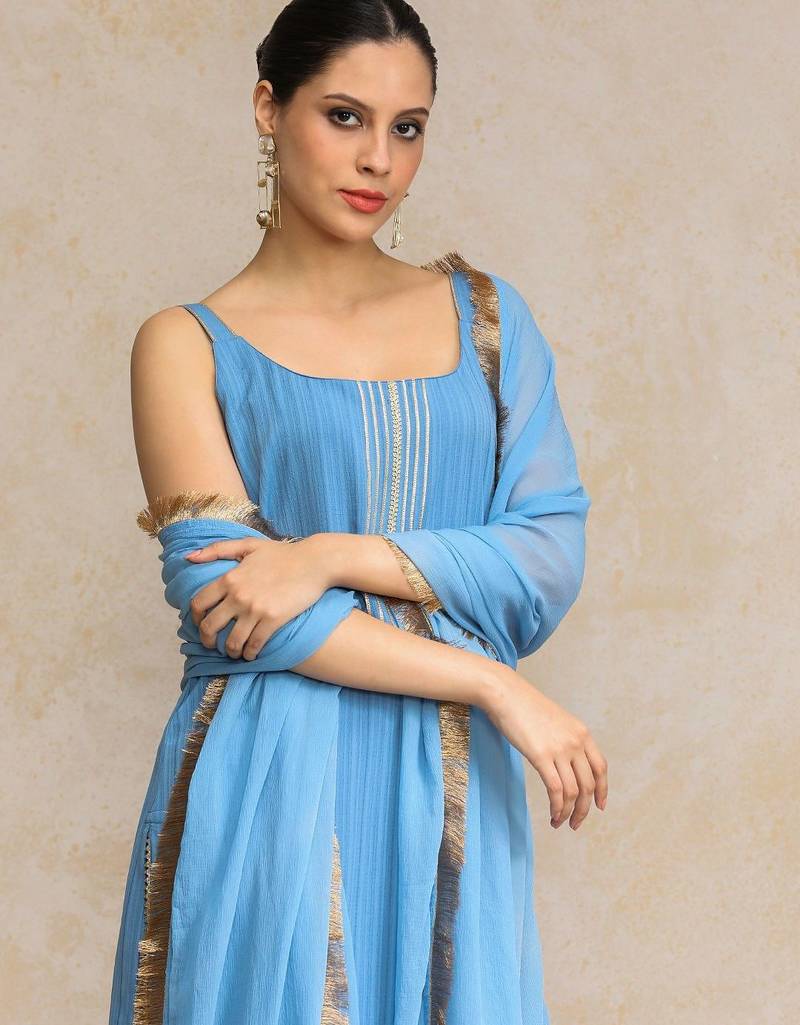 Women Yoke Design Regular Silk Crepe Kurta with Trousers & With Dupatta