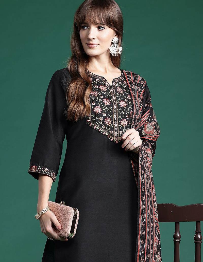 Floral Yoke Design Thread Work Kurta With Trousers & Dupatta