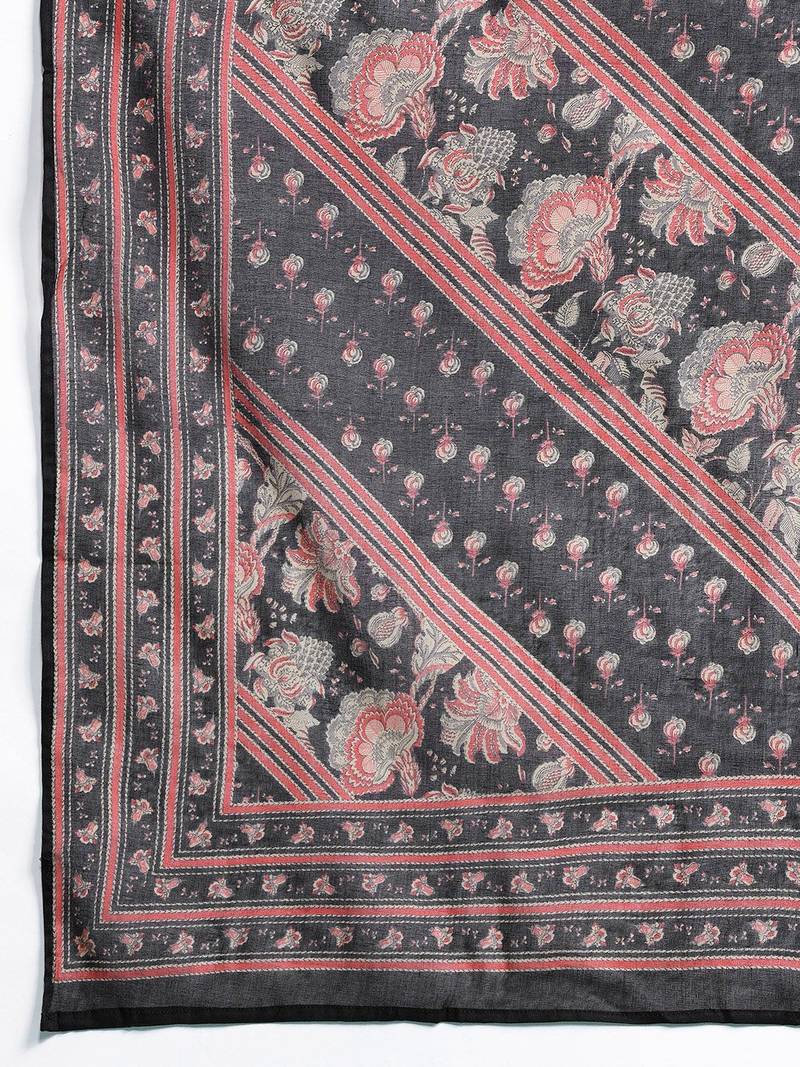 Floral Yoke Design Thread Work Kurta With Trousers & Dupatta