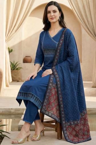 Women Ethnic Motifs Printed Regular Pure Cotton Kurta with Trousers & With Dupatta