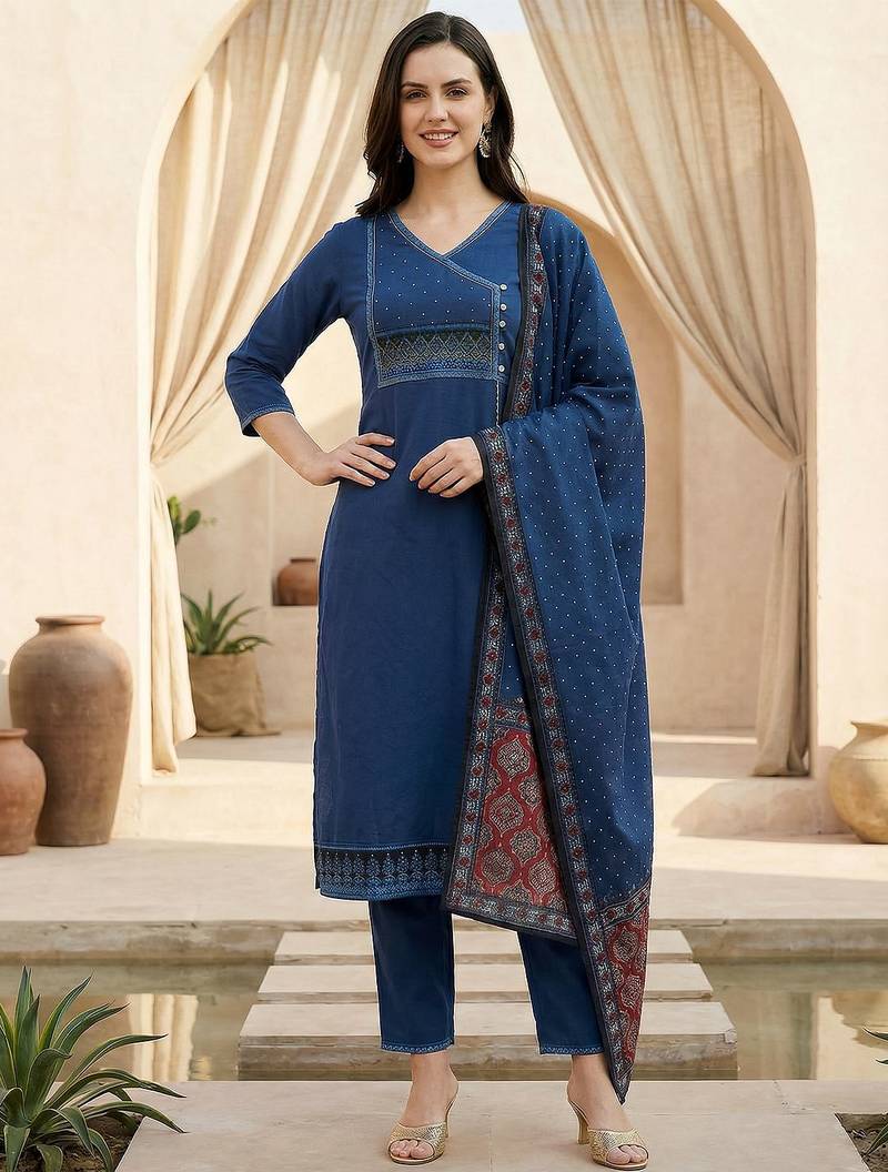 Women Ethnic Motifs Printed Regular Pure Cotton Kurta with Trousers & With Dupatta