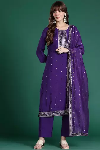 Ethnic Motifs Embroidered Sequinned Kurta with Trousers & Dupatta