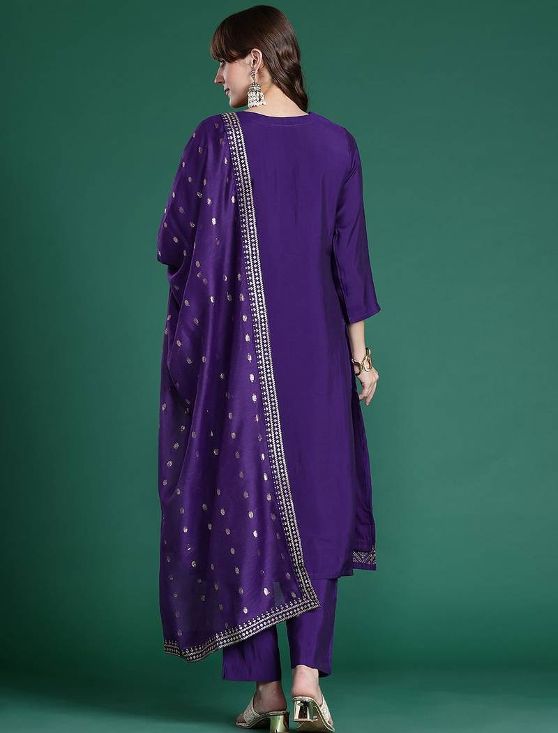 Ethnic Motifs Embroidered Sequinned Kurta with Trousers & Dupatta