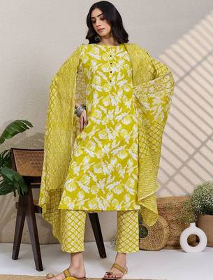 Women Floral Printed Regular Pure Cotton Kurta with Trousers & With Dupatta 6