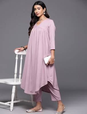 Women Solid V Neck Gathered Empire Kurta with Solid Trousers 1