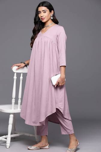 Women Solid V Neck Gathered Empire Kurta with Solid Trousers