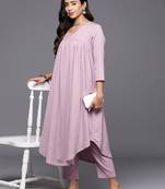 Women Solid V Neck Gathered Empire Kurta with Solid Trousers