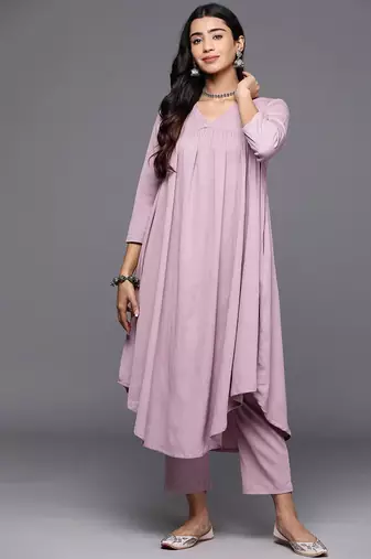 Women Solid V Neck Gathered Empire Kurta with Solid Trousers