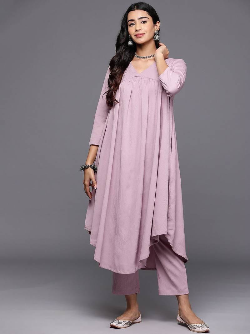 Women Solid V Neck Gathered Empire Kurta with Solid Trousers
