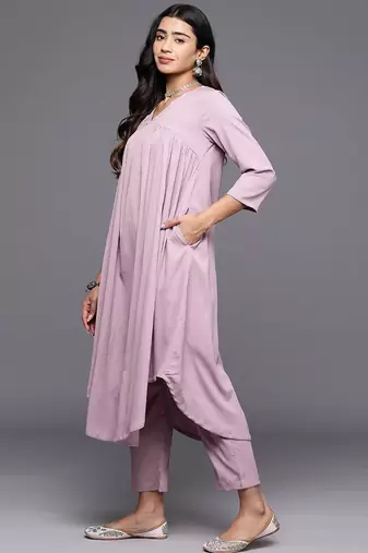 Women Solid V Neck Gathered Empire Kurta with Solid Trousers