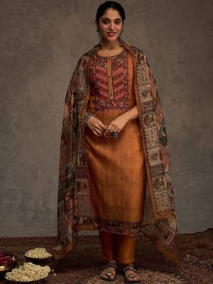 Ethnic Motifs Yoke Design Sequinned Chanderi Cotton Kurta With Trousers & Dupatta 1