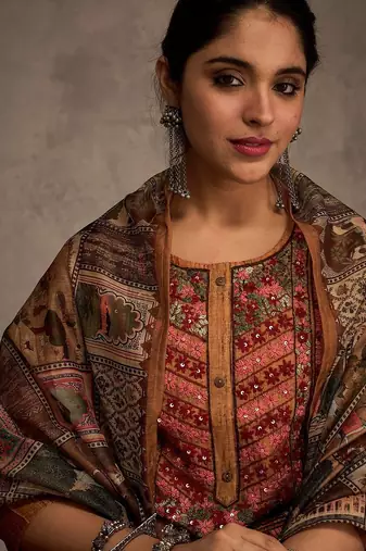 Ethnic Motifs Yoke Design Sequinned Chanderi Cotton Kurta With Trousers & Dupatta