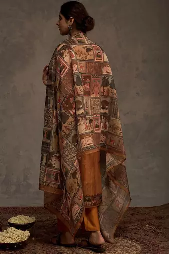Ethnic Motifs Yoke Design Sequinned Chanderi Cotton Kurta With Trousers & Dupatta