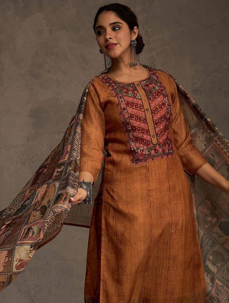 Ethnic Motifs Yoke Design Sequinned Chanderi Cotton Kurta With Trousers & Dupatta