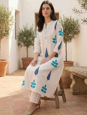 Women Ethnic Motifs Printed Panelled Mirror Work Pure Cotton Kurta with Trousers 2