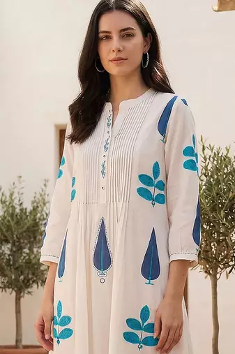 Women Ethnic Motifs Printed Panelled Mirror Work Pure Cotton Kurta with Trousers