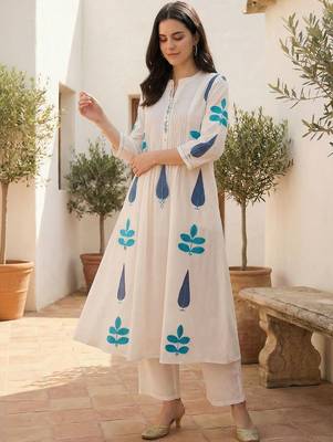 Women Ethnic Motifs Printed Panelled Mirror Work Pure Cotton Kurta with Trousers 1