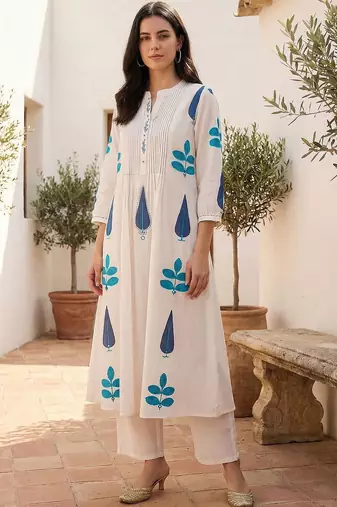 Women Ethnic Motifs Printed Panelled Mirror Work Pure Cotton Kurta with Trousers