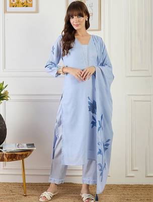 Women Floral Printed Regular Linen Kurta with Trousers & With Dupatta 1