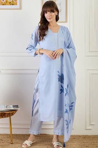 Women Floral Printed Regular Linen Kurta with Trousers & With Dupatta