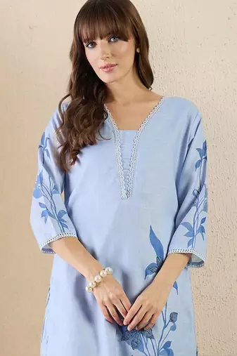 Women Floral Printed Regular Linen Kurta with Trousers & With Dupatta