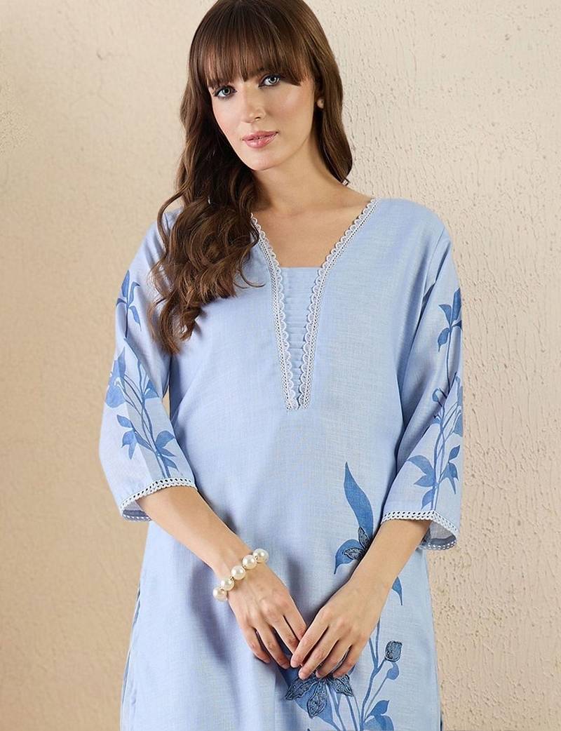 Women Floral Printed Regular Linen Kurta with Trousers & With Dupatta