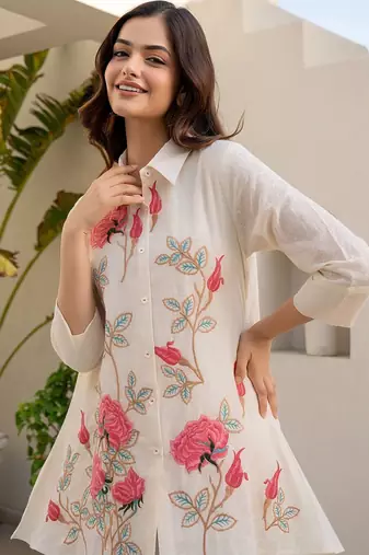 Floral Embroidered Thread Work Pure Cotton A-Line Kurta With Trousers
