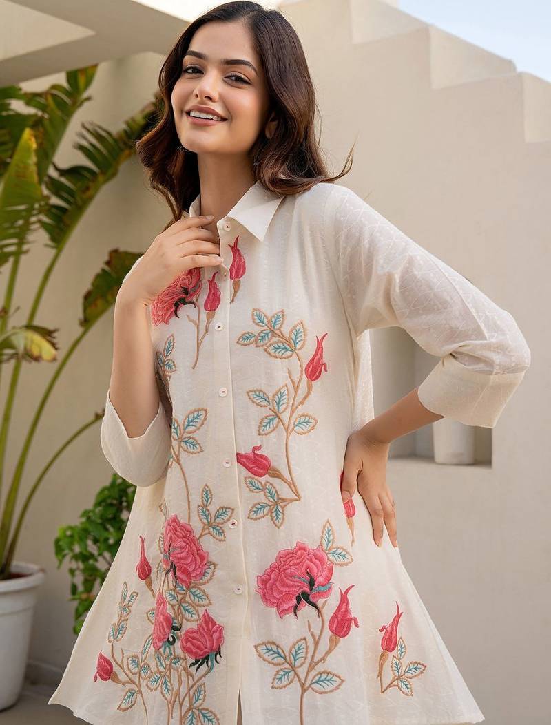 Floral Embroidered Thread Work Pure Cotton A-Line Kurta With Trousers