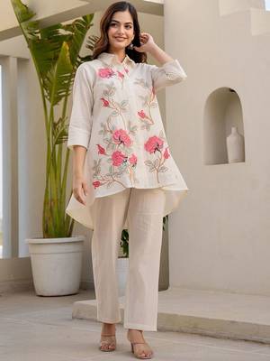 Floral Embroidered Thread Work Pure Cotton A-Line Kurta With Trousers 1