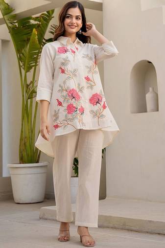 Floral Embroidered Thread Work Pure Cotton A-Line Kurta With Trousers