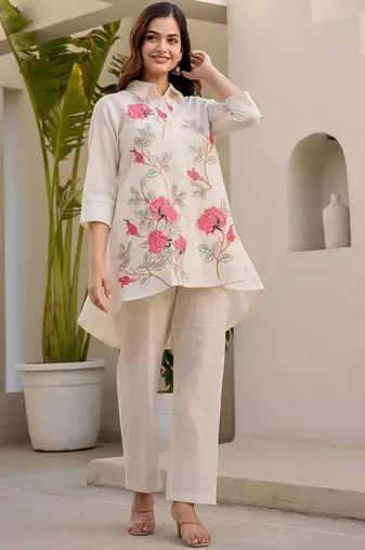 Floral Embroidered Thread Work Pure Cotton A-Line Kurta With Trousers