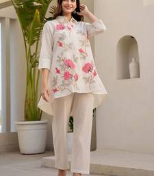 Floral Embroidered Thread Work Pure Cotton A-Line Kurta With Trousers