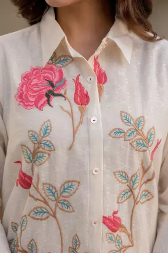 Floral Embroidered Thread Work Pure Cotton A-Line Kurta With Trousers