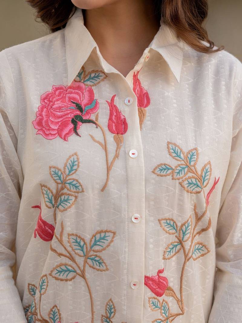 Floral Embroidered Thread Work Pure Cotton A-Line Kurta With Trousers
