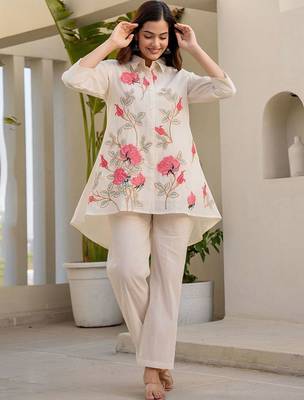 Floral Embroidered Thread Work Pure Cotton A-Line Kurta With Trousers 4