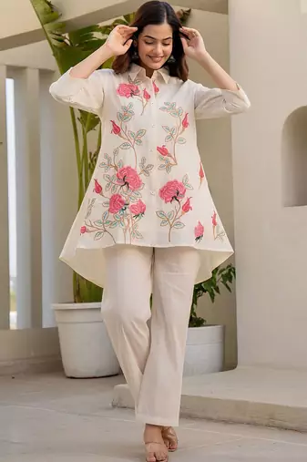 Floral Embroidered Thread Work Pure Cotton A-Line Kurta With Trousers