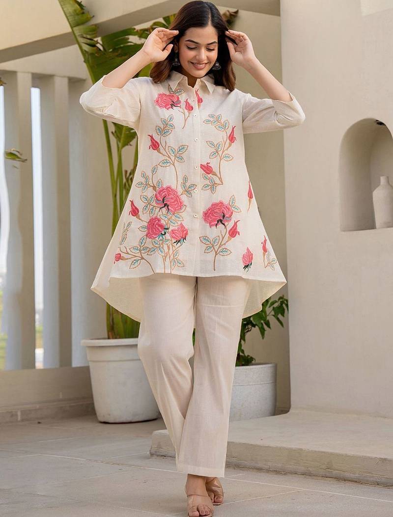 Floral Embroidered Thread Work Pure Cotton A-Line Kurta With Trousers