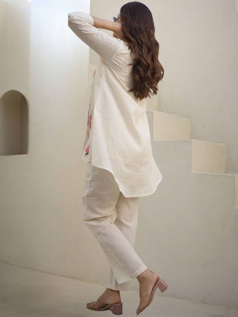 Floral Embroidered Thread Work Pure Cotton A-Line Kurta With Trousers