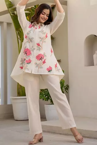 Floral Embroidered Thread Work Pure Cotton A-Line Kurta With Trousers